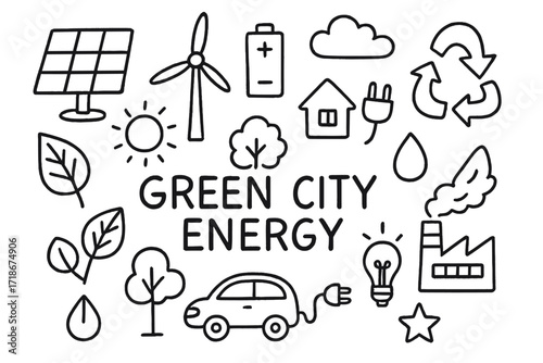 Eco-Friendly City Icons. Hand-drawn doodle illustration Green city energy [solar panel, wind turbine, battery, plug, house, tree, leaf, sun, cloud, recycle