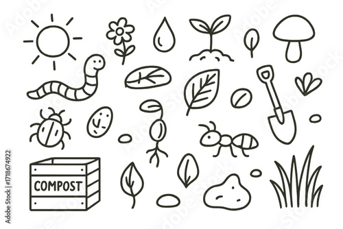 Healthy Soil Doodles. Hand-drawn doodle illustration healthy soil ecosystem worm, beetle, ant, root, sprout, seed, mushroom, leaf, flower, grass, water