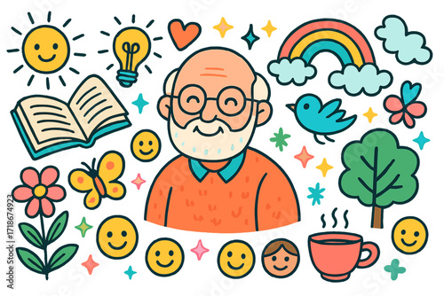 Whimsical Elderly Wisdom. Colorful Hand-drawn doodle Children illustration Wisdom of Age elderly person, book, glasses, lightbulb, heart, rainbow, sparkles,