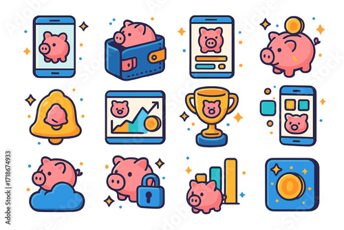 Digital Piggy Bank Icons. Colorful isometric vector icons set of digital piggy banks and apps: phone screen with piggy icon, piggy in mobile wallet, savings