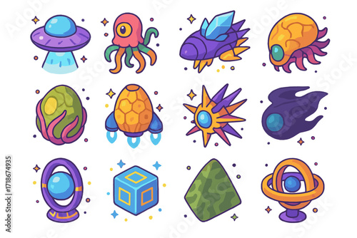 Colorful Alien Spaceships Icons. Colorful isometric vector icons set of alien spaceship designs: saucer UFO, tentacle cruiser, crystal-powered ship, organic
