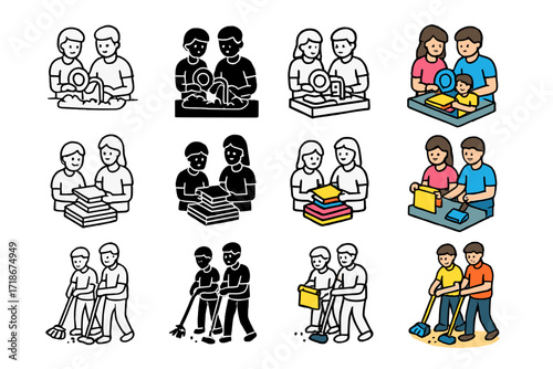 Chore Icons Collection. Icon Set of Parents helping child with chores: washing dishes together, folding laundry, sweeping floor. Icons set in vector style,