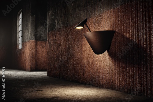 Dark industrial space with wall-mounted lamp