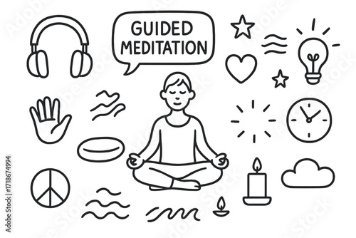 Mindful Meditation Icons. Hand-drawn doodle illustration Guided meditation headphones, lotus pose, speech bubble, heart, breath symbol, eyes closed, light