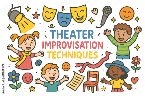 Theater Doodles. Colorful Hand-drawn doodle Children illustration Theater Improvisation Techniques stage, spotlight, comedy mask, tragedy mask, microphone,