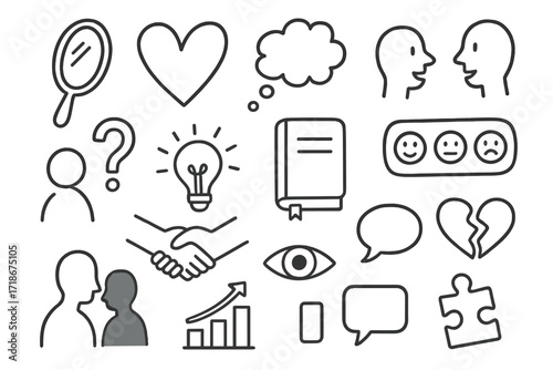 Self-Awareness Symbols. Hand-drawn doodle illustration self-awareness and relationships mirror icon, heart symbol, thought bubble, talking heads, question