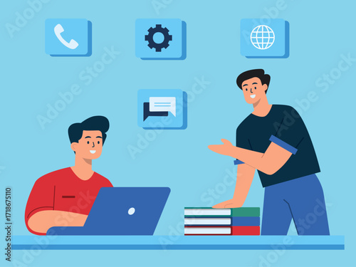 Two men in front of a laptop and standing talking in the office discussing work, with a lot of books on the table. Technology illustration. Flat vector illustration concept.