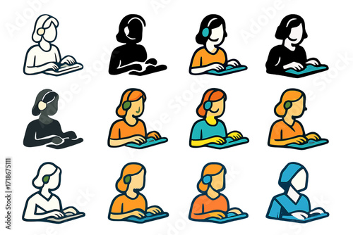 Legal Logos Grid. Set Logo of Court reporters and legal assistants documenting hearings: Legal assistant with headset and keyboard. Logo set in vector style,