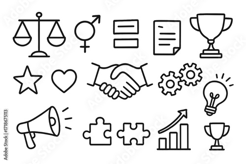 Equality and Partnership Doodles. Hand-drawn doodle illustration partnership and equality scales, man symbol, woman symbol, equal sign, handshake, puzzle