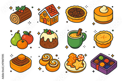 Festive Dessert Icons. Colorful isometric vector icons set of Holiday dessert indulgence: Yule log cake, gingerbread house, pecan pie, pumpkin cheesecake,