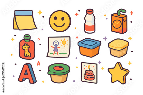 Kid-Friendly Refrigerator Icons. Colorful isometric vector icons set of kid-friendly items on refrigerator door: lunchbox note, smiley magnet face, mini yogurt