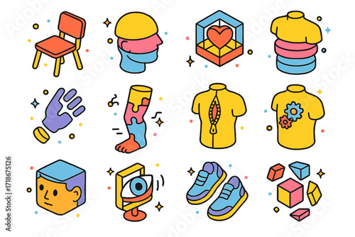 Colorful Isometric Icons. Colorful isometric vector icons set of floating and disconnected elements: disassembled chair, head split into segments, heart