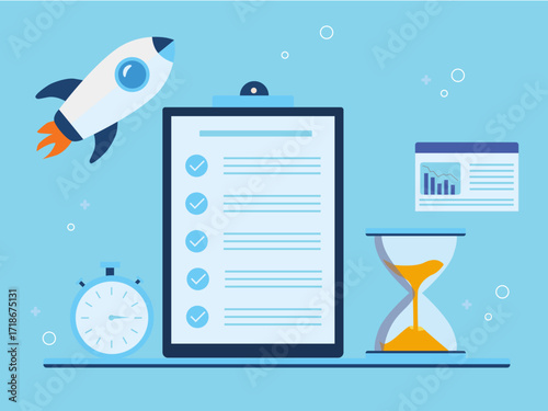 Time management with book and board, hourglass, rocket, stopwatch, checklist, graph analysis. Technology illustration. Flat vector illustration concept.