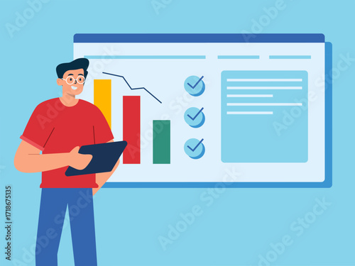 Business standing holding board book, financial analysis descending data graph. Technology illustration. Flat vector illustration concept.