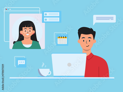 Man at the call centre is serving female customers at the workplace. Technology illustration. Flat vector illustration concept.