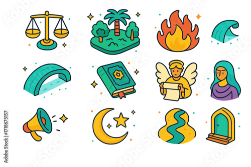 Islamic Afterlife Icons. Colorful isometric vector icons set of Islamic views on the afterlife: scales of deeds, Jannah garden, Jahannam flame, soul bridge,