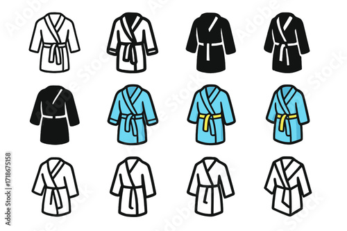 Spa Robe Logo Variations. Set Logo of Spa Robes: Terry cloth wrap robe. Logo set in vector style, emblematic variations. line, bold thick line, solid black