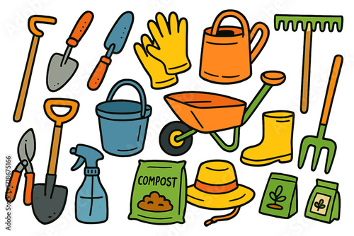 Garden Tools Doodle. Colorful Hand-drawn doodle Children illustration Weeding tools and care hoe, trowel, gloves, watering can, rake, shovel, bucket,