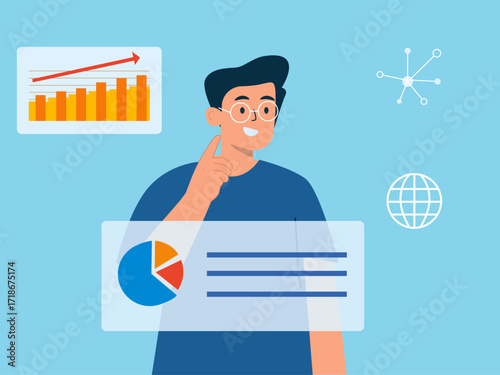 Man looking and analyzing increase point graph, diagram with hologram, finance concept for website. Technology illustration. Flat vector illustration concept.