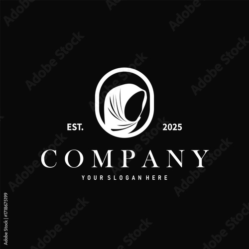 Beauty design concept of woman with black silhouette of simple elegant hijab logo, showing Muslim women's clothing style, illustration of symbol template for poster and brand