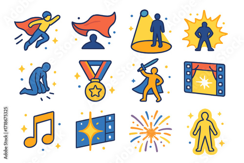 Heroic Icon Set. Colorful isometric vector icons set of Heroic and cinematic glory: slow motion leap, cape flowing in wind, dramatic spotlight, explosion