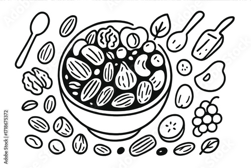Nuts and Fruits Doodle. Hand-drawn doodle illustration mixed nuts and fruits bowl bowl, almonds, walnuts, cashews, pistachios, hazelnuts, raisins, dried