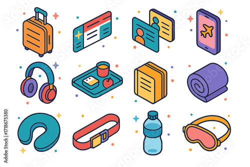 Isometric Travel Essentials. Colorful isometric vector icons set of essentials for flying: hand luggage, boarding pass, ID card, airplane mode phone,