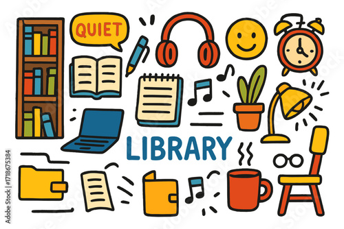 Library Doodle Wonderland. Colorful Hand-drawn doodle Children illustration Library quiet soundscape [bookshelf, open book, notebook, pen, headphones, laptop,