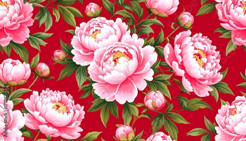Fototapeta Naklejka Na Ścianę i Meble -  Pink peonies on red background