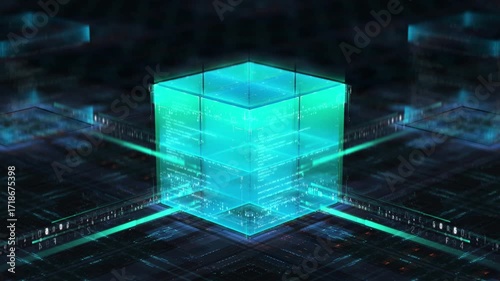 Futuristic Technology Animation of Blockchain Network With Data Background. Concept of Artificial Intelligence Cybersecurity Digital for Servers Computer Systems. Glowing Global Cubes Connection 4k