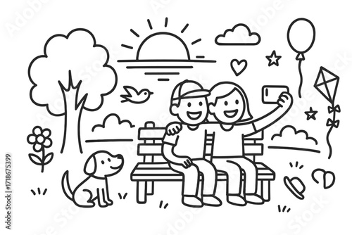 Park Sunset Doodles. Hand-drawn doodle illustration Park sunset selfies [smartphone, friends, bench, tree, flower, sun, horizon, clouds, bird, heart, balloon,
