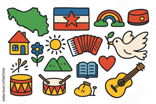 Yugoslavian Culture Doodle. Colorful Hand-drawn doodle Children illustration Yugoslavia Culture [map, flag, star, accordion, traditional hat, house, flower,