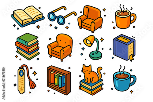 Cozy Reading Icons. Colorful isometric vector icons set of bookworm: open hardcover book, reading glasses, steaming tea mug, stack of novels, comfy armchair,