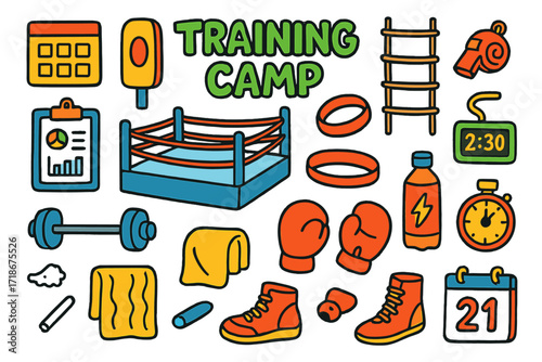 Boxing Camp Essentials. Colorful Hand-drawn doodle Children illustration Training Camp boxing ring, punch pads, rope ladder, whistle, scoreboard, barbell,