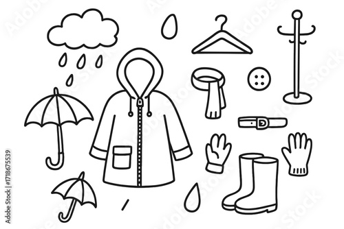 Rain Gear Doodles. Hand-drawn doodle illustration Rain jacket [raincoat, hood, zipper, umbrella, raindrop, boots, cloud, pocket, hanger, coat rack, button,