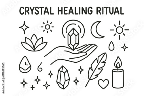 Crystal Healing Symbols. Hand-drawn doodle illustration Crystal Healing Ritual [hand, gemstone, lotus flower, candle, sparkle, star, aura circle, spiral, sun,