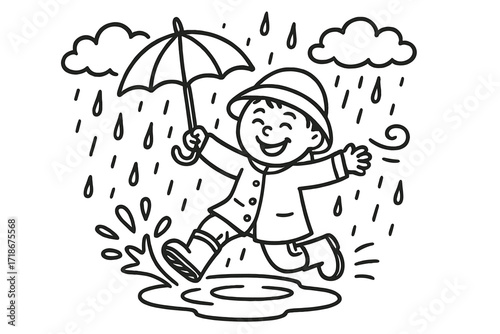 Joyful Puddle Jumping. Hand-drawn doodle illustration jumping in puddles rain boots, splash icon, puddle, smiling kid, umbrella, water drops, raincoat, jumping