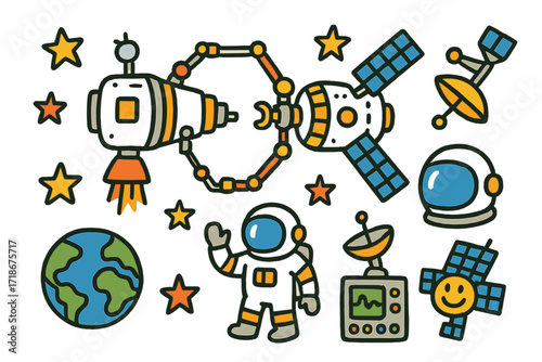 Spacecraft Doodle Fun. Colorful Hand-drawn doodle Children illustration Spacecraft docking two spacecraft, docking arms, stars, control panel, astronaut, Earth