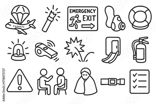 Emergency Landing Essentials. Hand-drawn doodle illustration emergency flight landing parachute, flare, emergency exit sign, oxygen mask, raft, beacon light,
