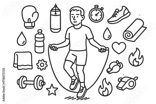 Athlete Doodle Icons. Hand-drawn doodle illustration Professional athletes skipping rope [jump rope, boxing glove, punching bag, sneakers, stopwatch, sweat