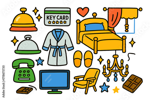 Luxury Hotel Doodle. Colorful Hand-drawn doodle Children illustration Five-star hotel bell, keycard, golden bed, robe, slippers, sparkles, heart, room service