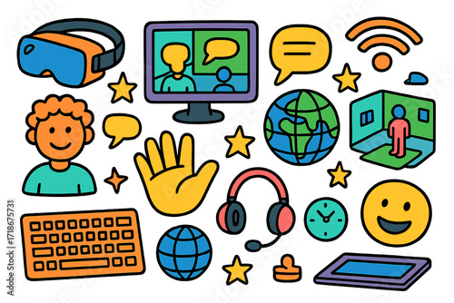 Virtual Reality Kids. Colorful Hand-drawn doodle Children illustration Virtual reality meetings VR headset, computer screen, chat bubble, smiling avatar, 3D