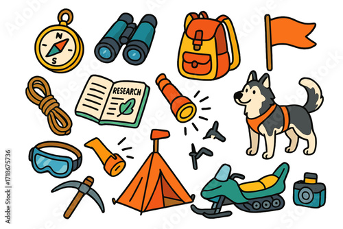 Exploration Adventure Doodles. Exploration. Colorful Hand-drawn doodle Children illustration exploration compass, binoculars, backpack, research notebook,