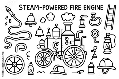 Steam-Powered Fire Engine Icons. Hand-drawn doodle illustration Steam-powered fire engines [fire truck, bell, hose, ladder, steam engine, smokestack, nozzle,