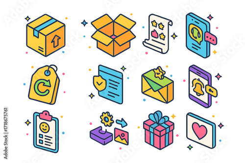 Colorful Post-Purchase Icons. Colorful isometric vector icons set of Post-Purchase Experience: delivery package icon, unboxing open box, product review form,