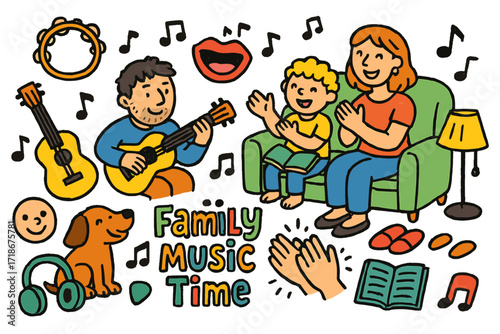 Family Music Time. Colorful Hand-drawn doodle Children illustration Family Music Time guitar, tambourine, singing mouth, couch, parent, child, dog, clapping