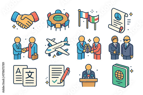 Diplomacy Icon Set. Colorful isometric vector icons set of international diplomacy: handshake agreement, global summit table, country flags row, peace treaty