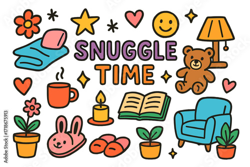 Snuggle Time Doodle. Colorful Hand-drawn doodle Children illustration Snuggle time blanket, pillow, teddy bear, slippers, cup, candle, lamp, flower, star,