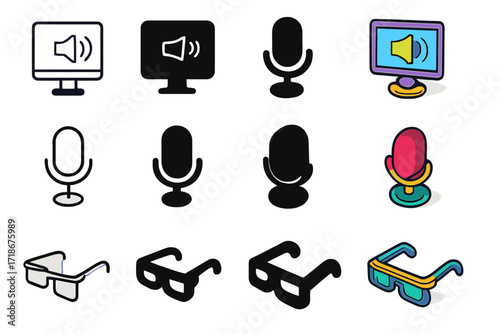 Assistive Tech Icons. Icon Set of Assistive Technology: Screen reader, Voice recognition mic, Smart glasses. Icons set in vector style, emblematic variations.
