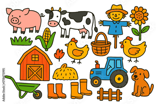 Farmyard Doodle Fun. Colorful Hand-drawn doodle Children illustration Farm patch pig, cow, corn, patch of grass, barn, basket, chicken, scarecrow, sunflower,